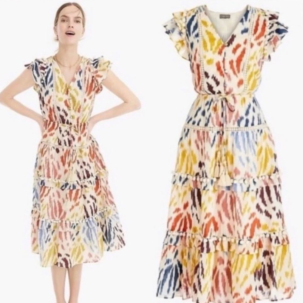 Point Sur J Crew Maxi Dress 8 Flutter Tiered
Ruffle Tie Tassel Pom Pom Ikat